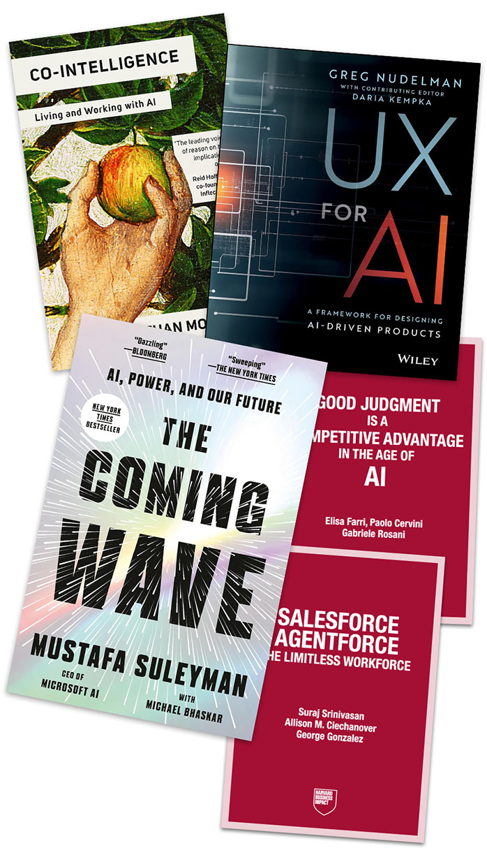 covers of 3 books and 2 articles about AI