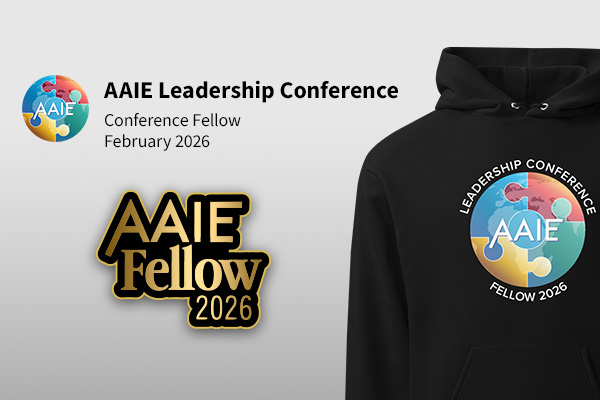 A social media badge, a pin, and a hoodie commemorating status as an AAIE Leadership Conference Fellow.