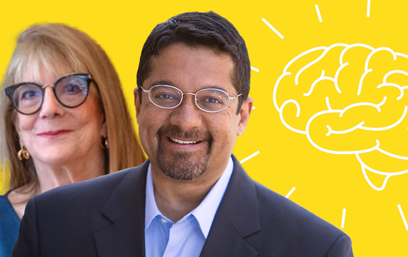 Shankar Vedantam and Elizabeth Loftus in front of a glowing brain icon on a yellow field